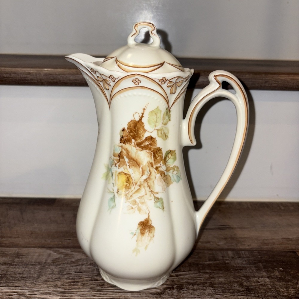 Hermann Ohme German Porcelain Chocolate Pot White Roses Gold Gilt Teapot
